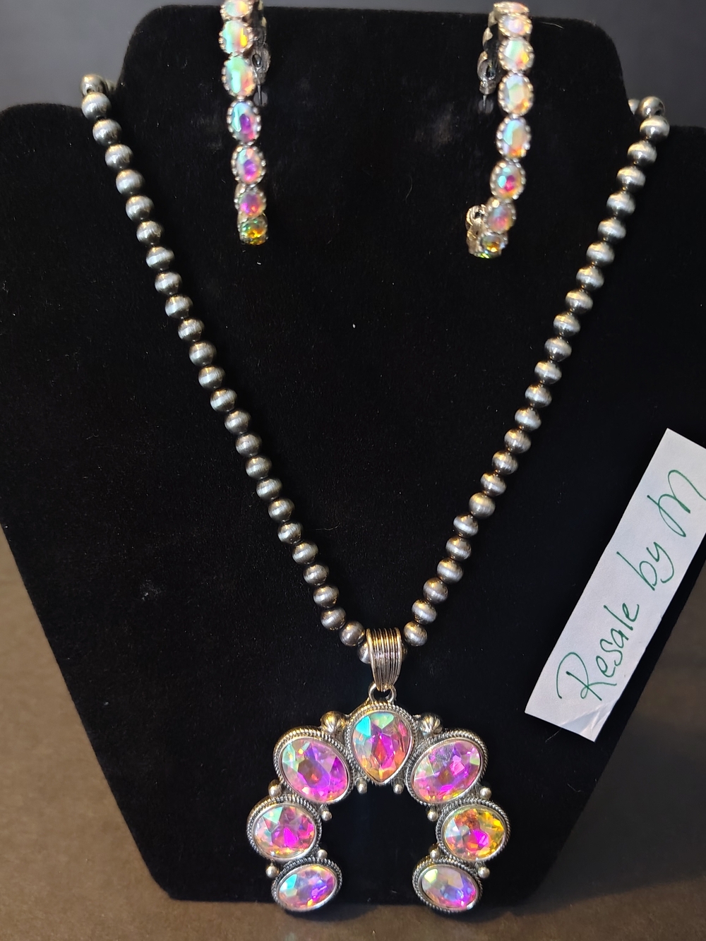 Crystal Squash Blossom Necklace & Earring Set - Pink/Iridescent